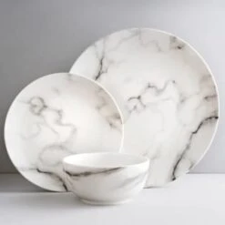 B&M White Marble Effect Dinner Set 12pc