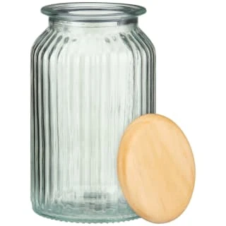 B&M Large Ribbed Glass Jar With Wooden Lid 2 B&M Large Ribbed Glass Jar With Wooden Lid - Image 2