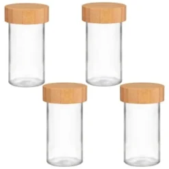 B&M Set Of 4 Glass Spice Jars With Bamboo Wood Base -Kitchen Product Store 394437 set of 4 glass spice jars with bamboo wood lid and base group